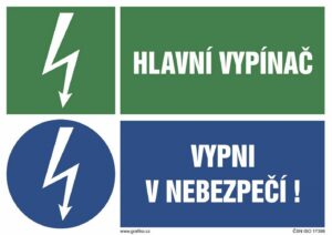 Samolepka Hl.vypínač/Vypni v nebezpečí 105×74 mm