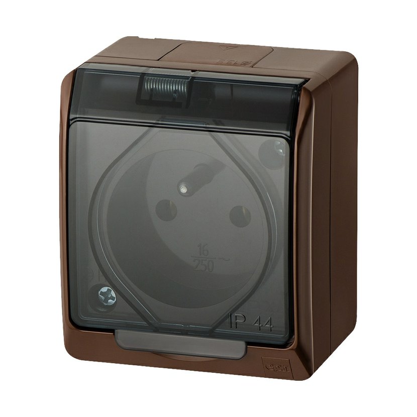 Zásuvka 230 V jednonásobná kompletní Famatel Galatea IP 44 hnědá čirá