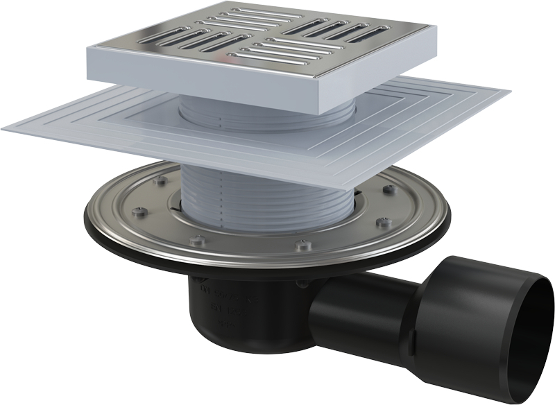 Vpust podlahová Alca APV3444 150×150 mm DN 75/50 boční ALCADRAIN