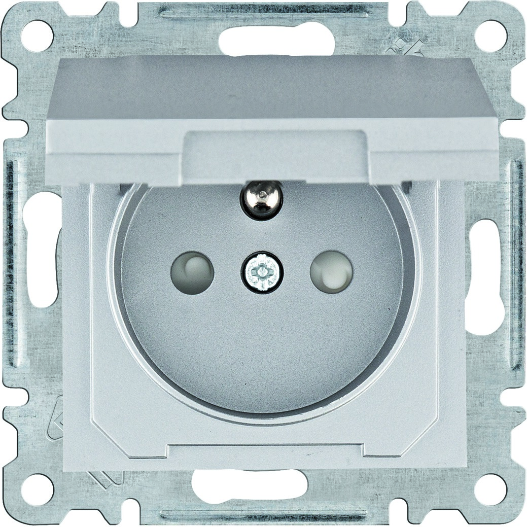 Zásuvka 230 V jednonásobná Hager Lumina IP 44 clonky stříbrná HAGER