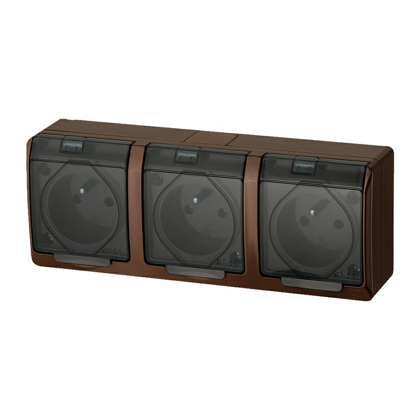 Zásuvka 230 V trojnásobná kompletní Famatel Galatea IP 44 hnědá