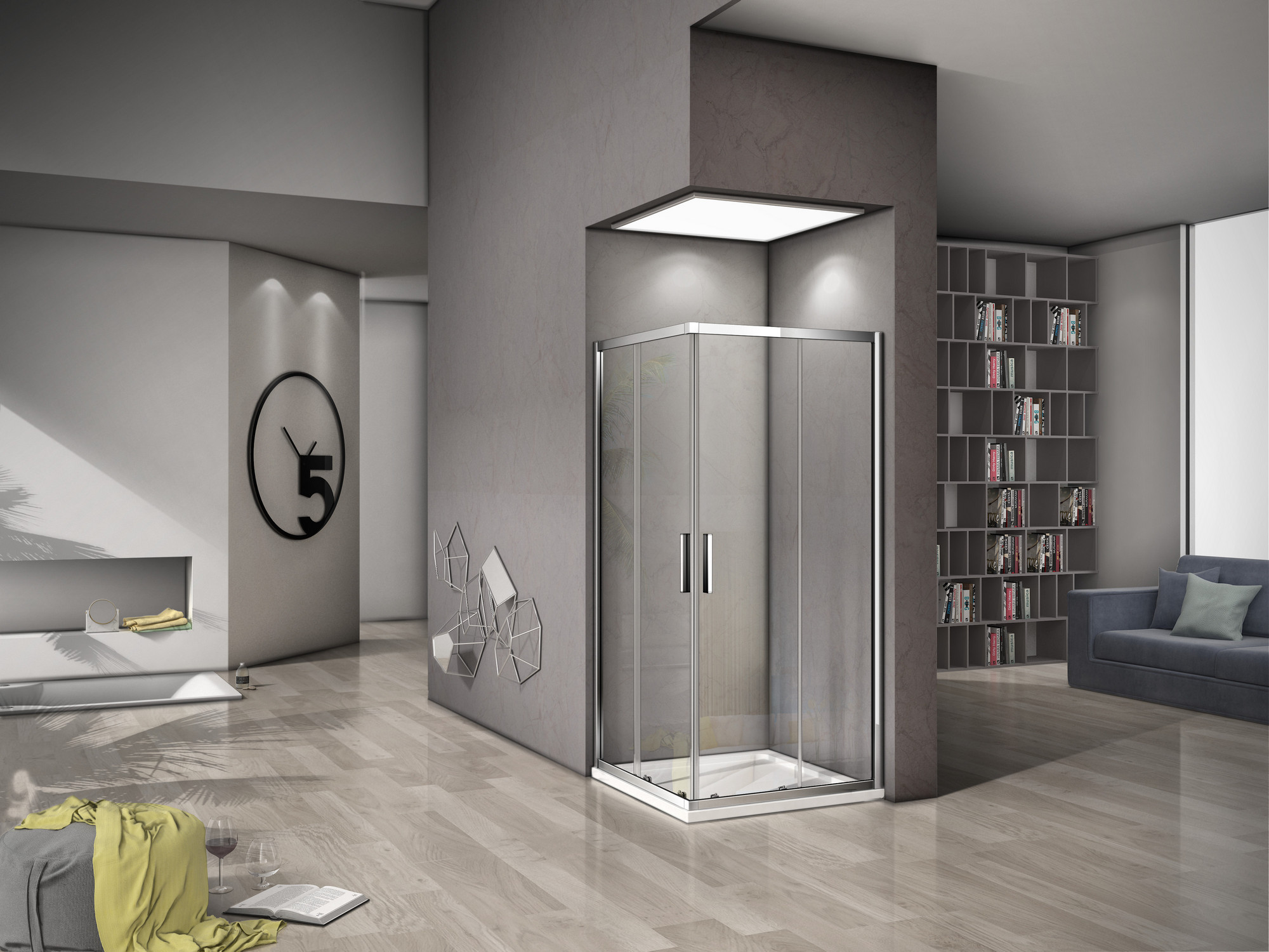 Kout sprchový Wecco SHINY 900×900 mm lesklý hliník/matné sklo