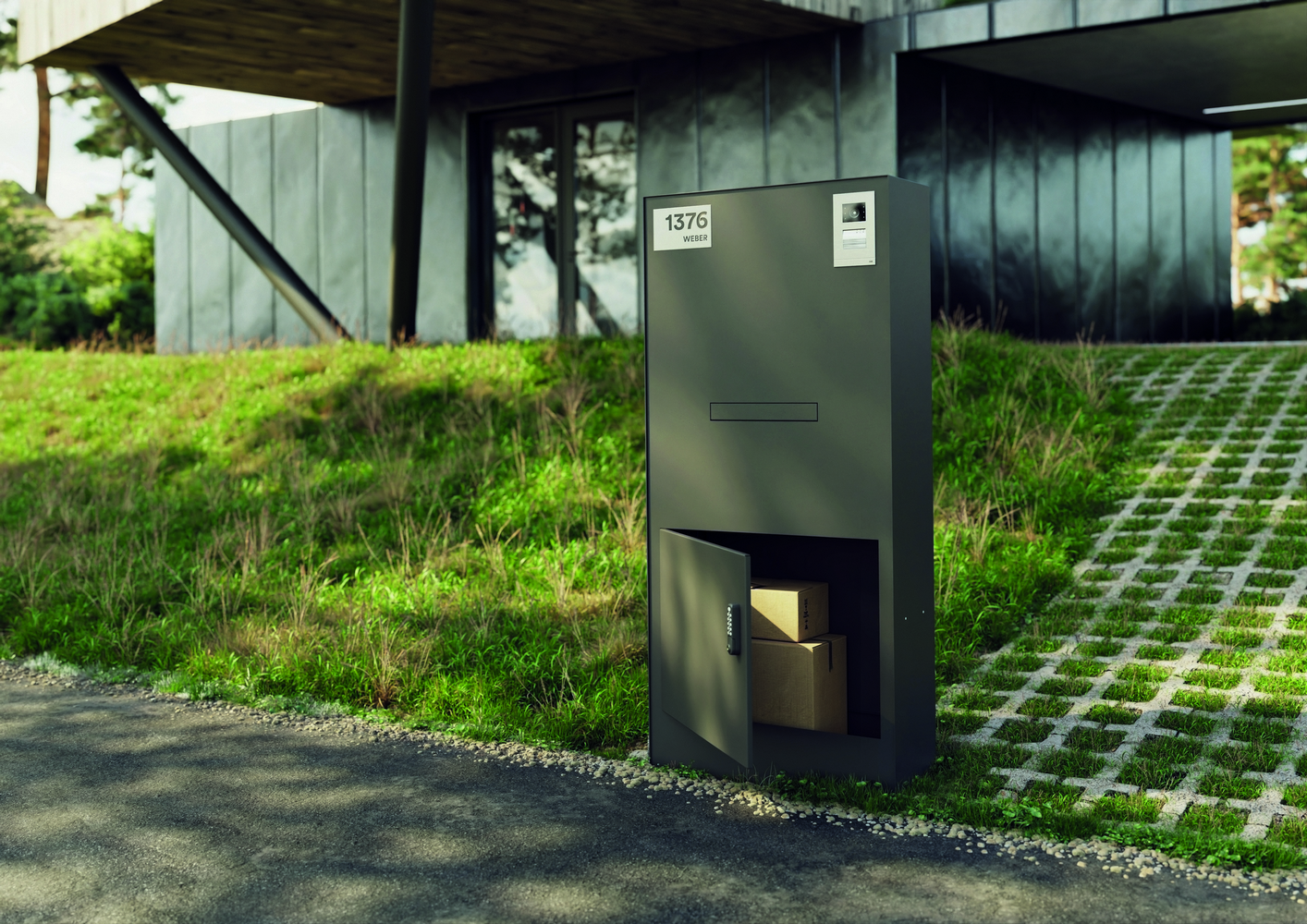 Box na balíky s poštovní schránkou JAP Liberty Full 400×400×1560 mm RAL 7016