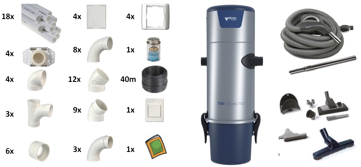 Sada centrálního vysavače s hadicía rozvody Tubo Studio TS2 pro 4 vstupy