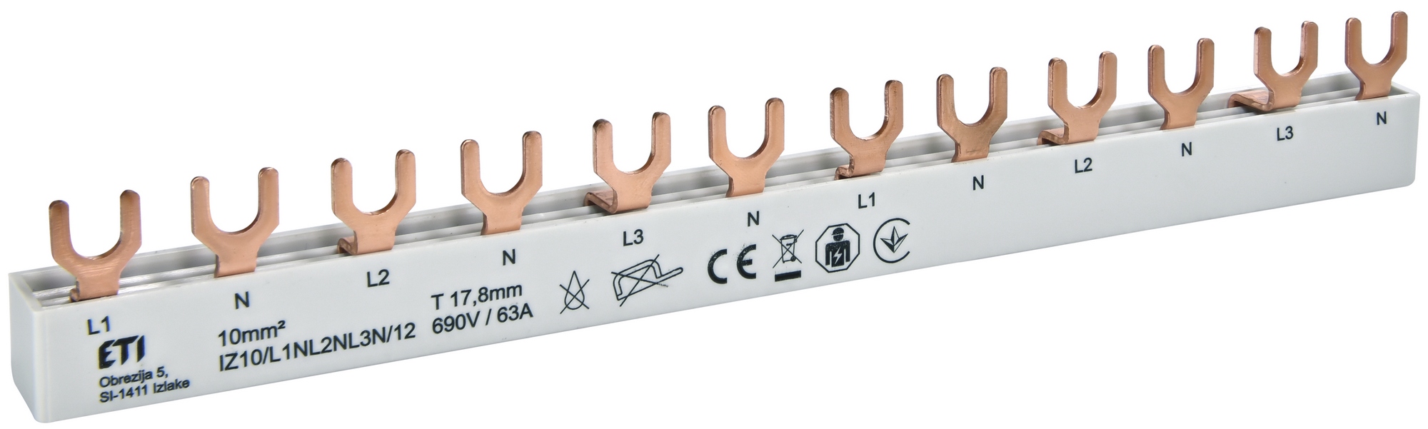 Lišta propojovací ETI IZ10/L1NL2NL3N/12 4pól 10 mm2 ETI
