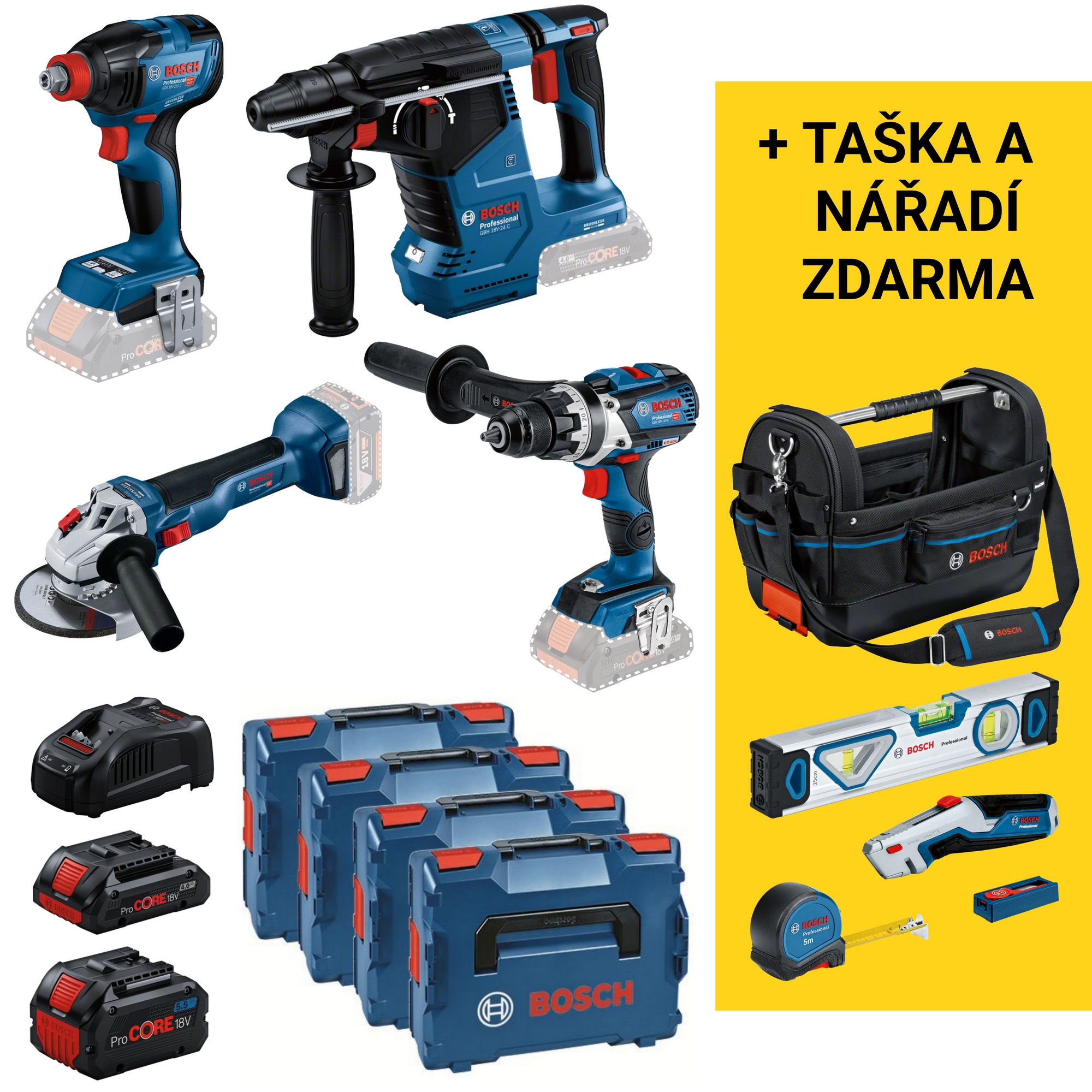 Sada AKU nářadí Bosch GSR + GDX + GWS + GBH 0.615.990.N32 18 V 2× 5